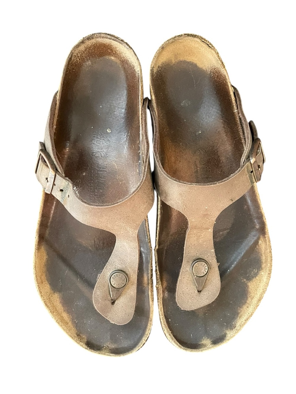Birkenstock Gizeh Brown Leather Thong Sandals Cork Footbed Unisex Well Worn